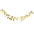 Metallic gold 21st Happy Birthday party banner hanging on a white background - 21st Birthday Glitter Style / Gold