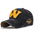 Distressed black wash baseball cap featuring a yellow letter W patch and side embroidery - Adjustable / Washed Black
