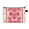 Pink checkered cosmetic bag with white heart pattern and black zipper handle - Pattern 11