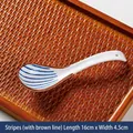 Japanese ceramic soup spoon with blue stripes and brown rim on wooden tray - Stripe-Brown Line