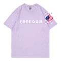 Light purple Freedom print cotton t-shirt with American flag patch on sleeve - S / Lavender