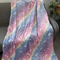 Rainbow gradient flannel blanket with white star and unicorn patterns on a sofa - Rainbow Little Unicorn / 100*150cm