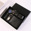 Men's 4-piece business gift set with black quartz watch, leather wallet, belt, and keychain - 5-Piece Black Set (Wallet + Belt + Watch + Keychain + Gift Box)