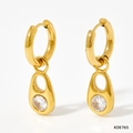 Golden stainless steel drop earrings with teardrop pendant and inlaid zircon stone - Gold Earrings - White Zircon (KDE765)