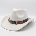 Detail of white suede cowboy hat featuring vintage bull head ornament and leather band - M (56-59cm) / Cream