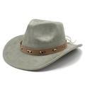 Close-up of sage green faux suede cowboy hat with brown leather leopard print band - M (56-59cm) / Army Green Suede