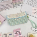 Large capacity quilted pencil case with blue and yellow checkered pattern and strap - Star Rabbit
