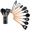 11-piece silicone kitchen utensil set with wooden handles and black storage bucket - Small Bucket Compact Style / Black