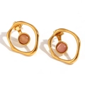 Retro 18K gold plated stainless steel hollow earrings with pink cat-eye stone - Geometric Hollow Ring Cat Eye Stud Earrings - Gold Pink