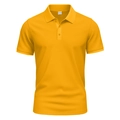 Close-up of breathable 100% polyester mesh fabric and collar on a yellow polo shirt - Yellow