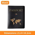 Black PU leather passport cover with gold embossed world map and airplane design - Passport Cover / Black