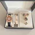Women's rose gold watch and jewelry set including necklace, earrings, and ring in gift box - 5PCS Set - With Gift Box / Black