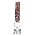 Brown leather keychain with embossed floral patterns and western-style metal M letter charm - Letter M / Brown Leather