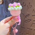 Pink handmade crochet flower bouquet keychain with bell and spring clasp for bag - Pink Rose