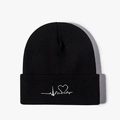 Unisex black knitted beanie featuring white heart rate embroidery on folded cuff - One Size / Black