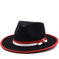 Cappello fedora classico in lana nera con bordo rosso e fascia a righe da uomo - M (56-58cm) / Nero/Fascia Rosso-Bianco