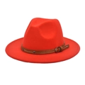 Detailed view of red fedora hat featuring a brown leather belt with metal rivets - M (56-58cm) / Orange Red