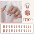 Pink press-on nails with silver glitter, white V-lines, and heart rhinestone accents - D100 (Glue Type)