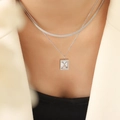 Silver double layer necklace with square zircon pendant worn by model on neck - Double Layer Necklace / Steel