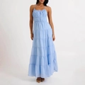 Abito lungo senza maniche azzurro con scollo all'americana e balze a strati arricciate - S / Blu