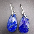 Macro view of teardrop faceted lapis lazuli earrings with silver hook details - 13*25*6MM / Lapis Lazuli