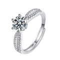 Classic six-prong zircon ring with double-row side stones and adjustable silver band - JZ022 (1 Carat)