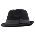 Detail of dark gray grosgrain ribbon band on a black wool felt fedora jazz hat - M (56-58cm) / Dark Gray
