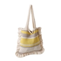 Borsa tote intrecciata a mano con strisce beige, grigio e giallo e dettaglio di volant - Cachi