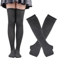 Dark grey knitted over-knee high stockings and fingerless long arm warmer gloves set - One Size / Solid Dark Grey