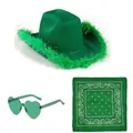 Set cappello da cowboy verde con piume, occhiali a cuore e bandana con motivo paisley - Set 3 Pezzi Filo d'Argento Piume Verdi