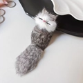 Gray and white plush sleeping cat keychain with long fluffy tail and realistic fur details - Dark Grey