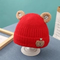 Red knit baby winter hat with cute plush bear ears and cartoon bear patch detail - Red - Plush Ears