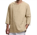 Detailed texture of men's V-neck cotton linen shirt in khaki with high-quality draping - Khaki