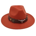 Close-up of western felt hat with brown leather band and silver longhorn bull head buckle - One Size(Adjustable) / Caramel color