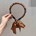Orange headband with blue carriage print silk ribbon and black anti-slip inner teeth - Vintage Brown