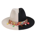 Two-tone black and white wool fedora with bohemian fringe and shell ribbon band - Black Beige With Shells Tassels