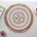 Round jute placemat with white mandala print and tassels for vintage dining decor - Type F Jute Tassel