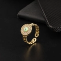 Gold chain ring with green evil eye zircon detail in a minimalist open design - Green Eye Chain Style (J)