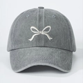 Washed grey cotton baseball cap with white bow embroidery for outdoor sun protection - One Size / Gray