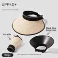UPF50+ beige foldable wide brim sun hat with sunshade black glue coating and G buckle - Super Wide Brim with Gold G Logo / Beige