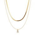 Gold double-layered snake chain necklace with sparkling crystal letter R pendant charm - Gold Flat Snake 40cm Chain 45cm Non-detachable / Letter R
