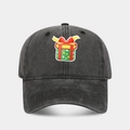 Close-up of green gift box embroidery on vintage washed black baseball cap - Adjustable / Christmas Gift Box Pattern Black