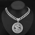 Silver-tone hip-hop spinning dollar sign pendant with full rhinestone cuban chain - Necklace Set / 18 Inch Cuban Chain / Silver