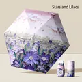 Purple floral oil painting print 5-fold compact sun umbrella with matching storage pouch - Five-Fold Umbrella / Starry Violet