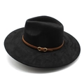 Sombrero fedora negro de ala ancha con banda de cuero sintético marrón y hebilla - M (56-59cm) / Ante / Negro