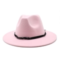 Detail of pink wool felt fedora featuring a decorative black braided hatband and texture - Pink