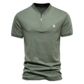 Close-up of army green cotton t-shirt fabric texture and half-zip V-neck detail - Army Green