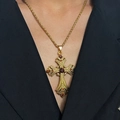 Vintage gouden kruis ketting met kleurrijke strassteentjes aan een bolletjesketting - Antiek Goud (X087)