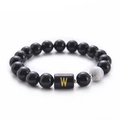 Black agate beaded bracelet with 10mm white turquoise and golden letter W charm - Letter W