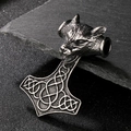 Retro Nordic Viking wolf head Mjolnir pendant in silver finish with Celtic knots - 83*54mm Wolf Head Mjolnir (KP41368-D)